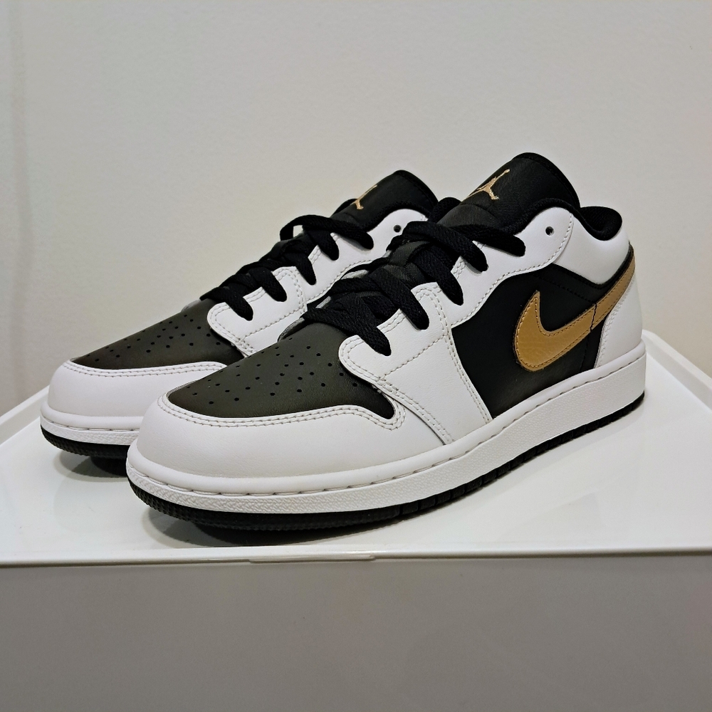 Nike Black & White Jordan 1 Low w/ Gold Swoosh | NWOB | 7Y | 9Women